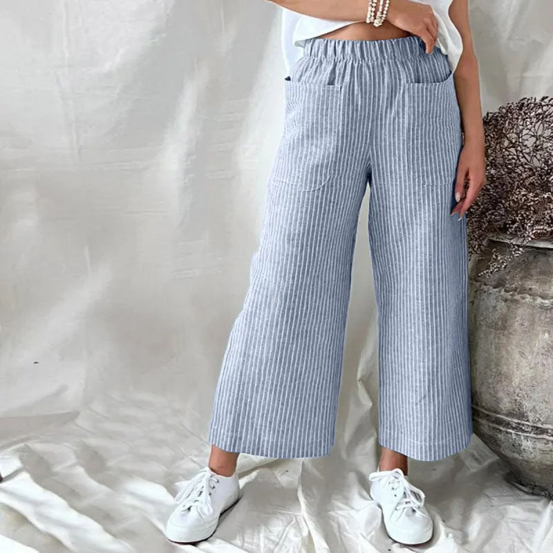 【Coton Et Lin】Pantalons Rayés Décontractés