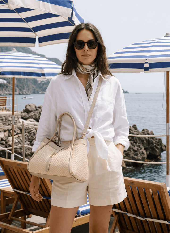Sac Mayfair en Cuir et Raphia Chevron Édition Limitée Beige
