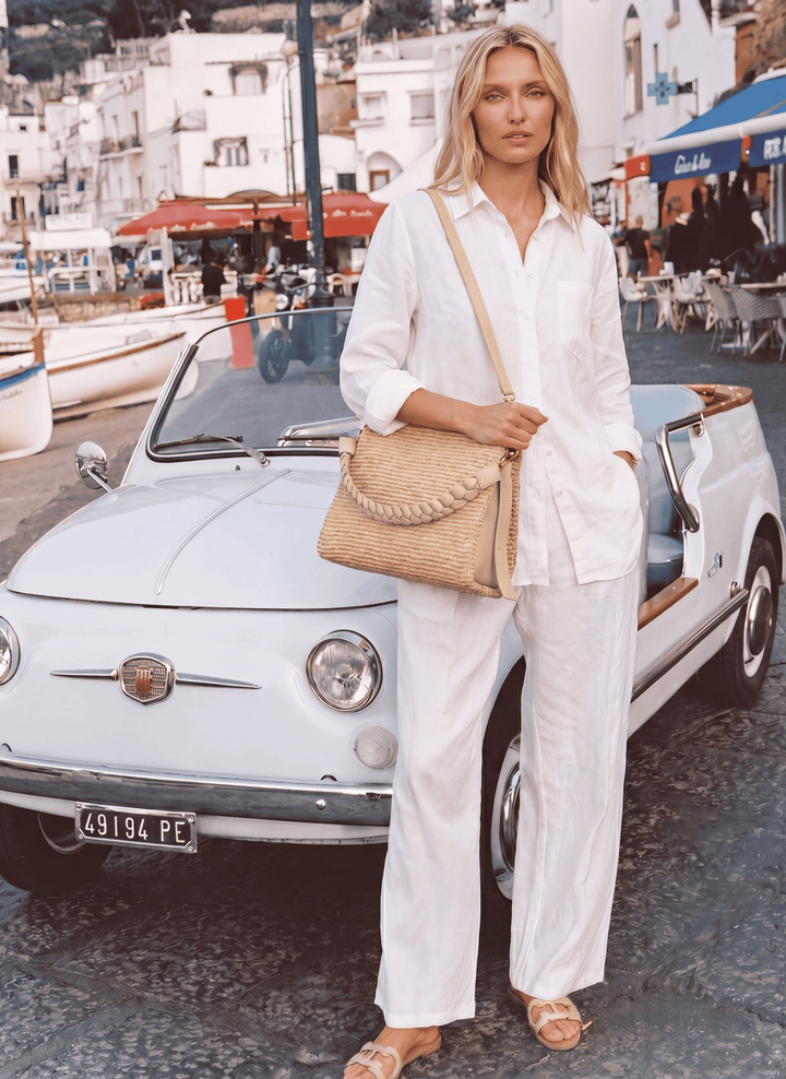 Sac Braid en Cuir et Raphia Crème