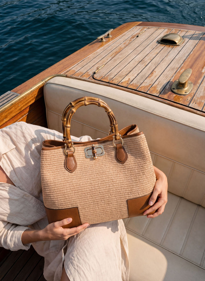 Sac Bamboo Babe en cuir et Rafia Cuoio
