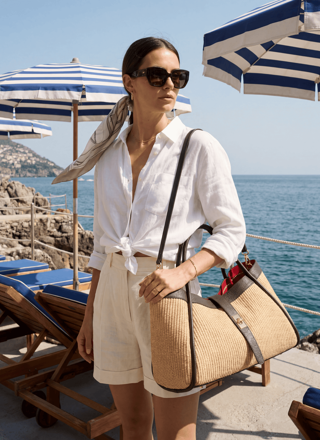 Sac Mayfair en cuir et Rafia Marron