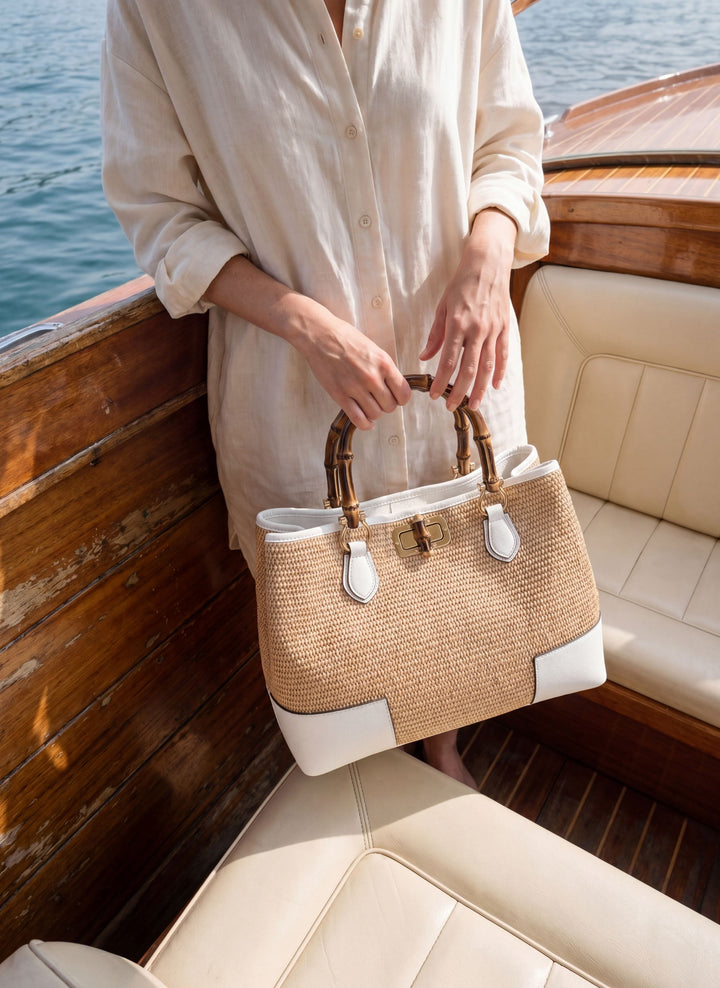 Sac Bamboo Babe en cuir et Raphia Blanc