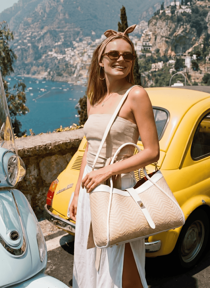 Sac Mayfair en Cuir et Raphia Chevron Édition Limitée Blanche