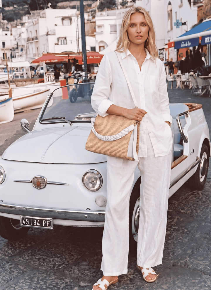 Sac Braid en Cuir et Raphia Blanc