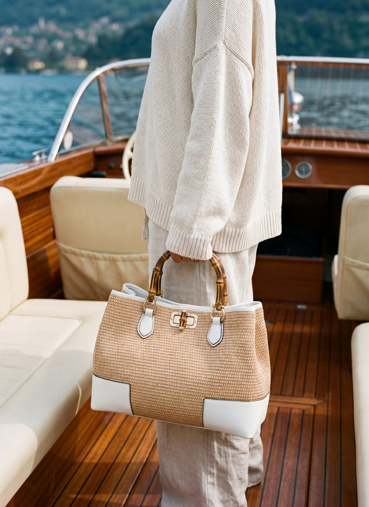 Sac Bamboo Babe en cuir et Raphia Blanc
