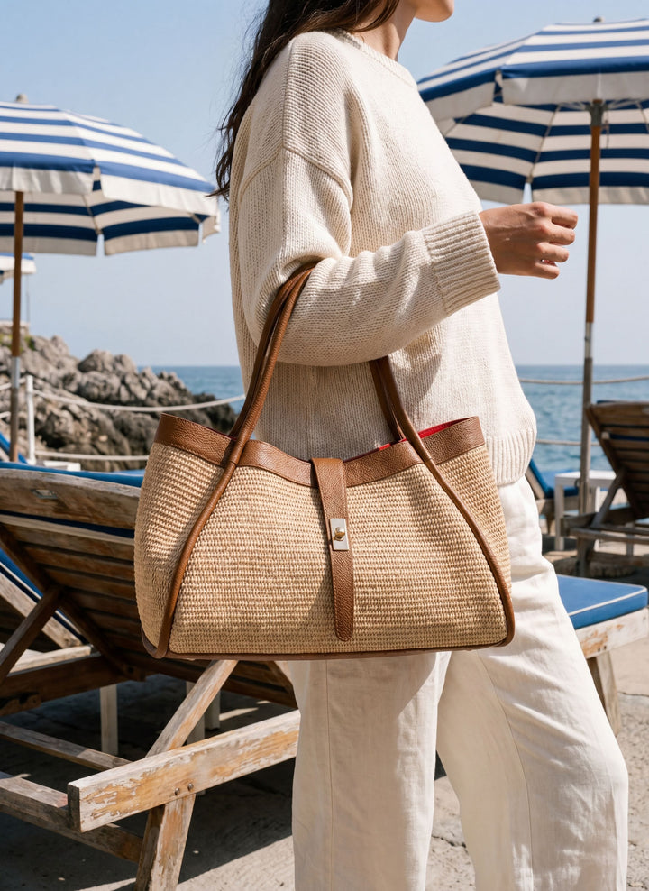 Sac Mayfair en cuir et Rafia Cuoio