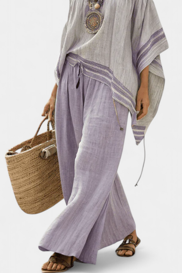 Zandrel | Haut Élégant Off-Shoulder & Pantalons Rayés à Jambes Larges