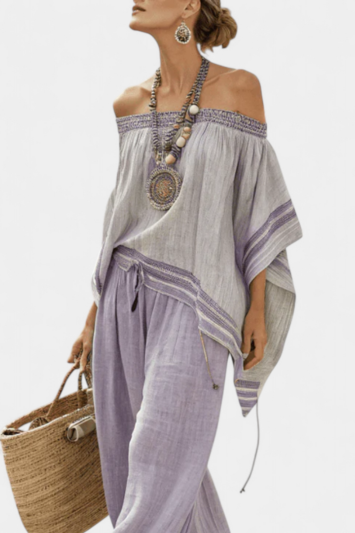 Zandrel | Haut Élégant Off-Shoulder & Pantalons Rayés à Jambes Larges