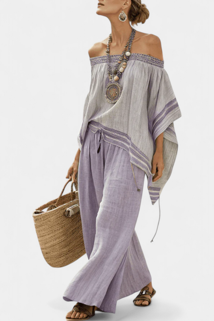 Zandrel | Haut Élégant Off-Shoulder & Pantalons Rayés à Jambes Larges
