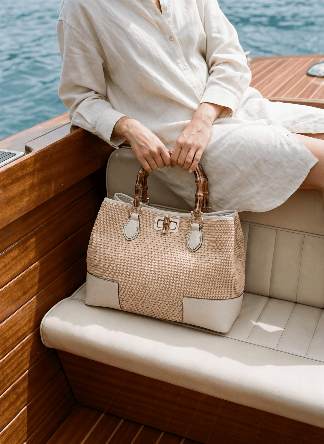Sac Bamboo Babe en cuir et Rafia Crème