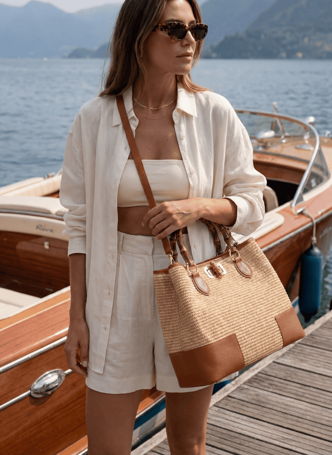 Sac Bamboo Babe en cuir et Rafia Cuoio