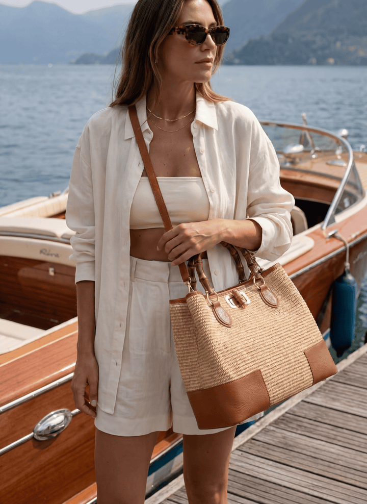 Sac Bamboo Babe en cuir et Rafia Cuoio