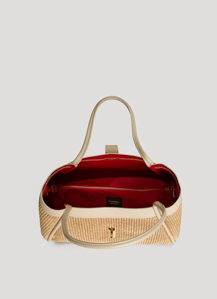 Sac Mayfair Media en cuir et Rafia Crème