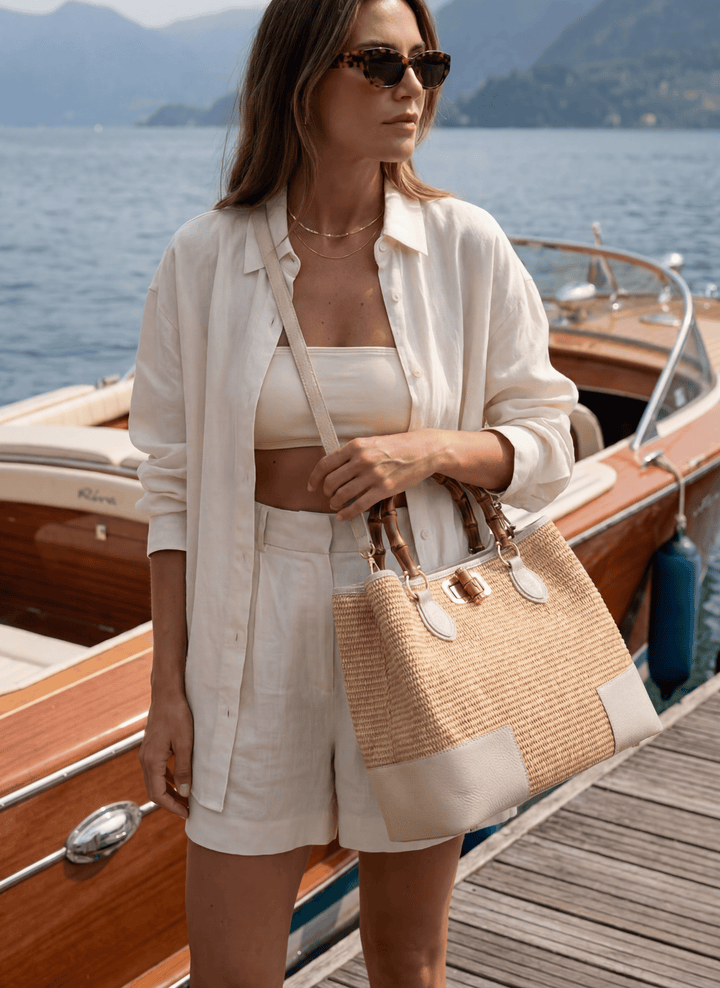 Sac Bamboo Babe en cuir et Rafia Crème