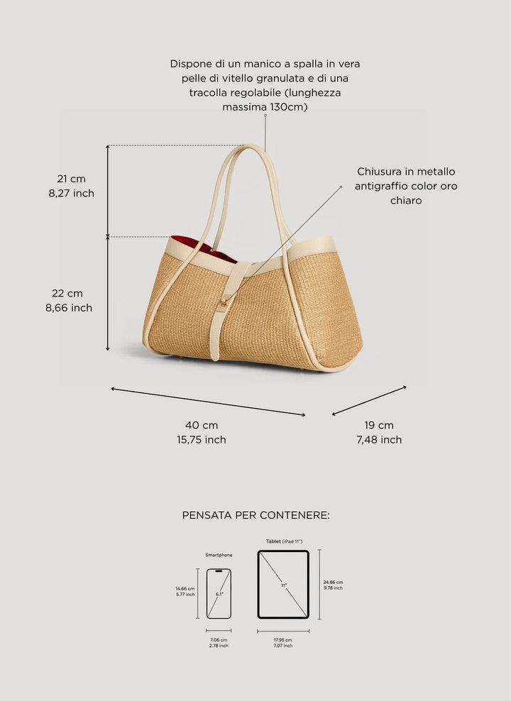 Sac Mayfair Media en cuir et Rafia Crème