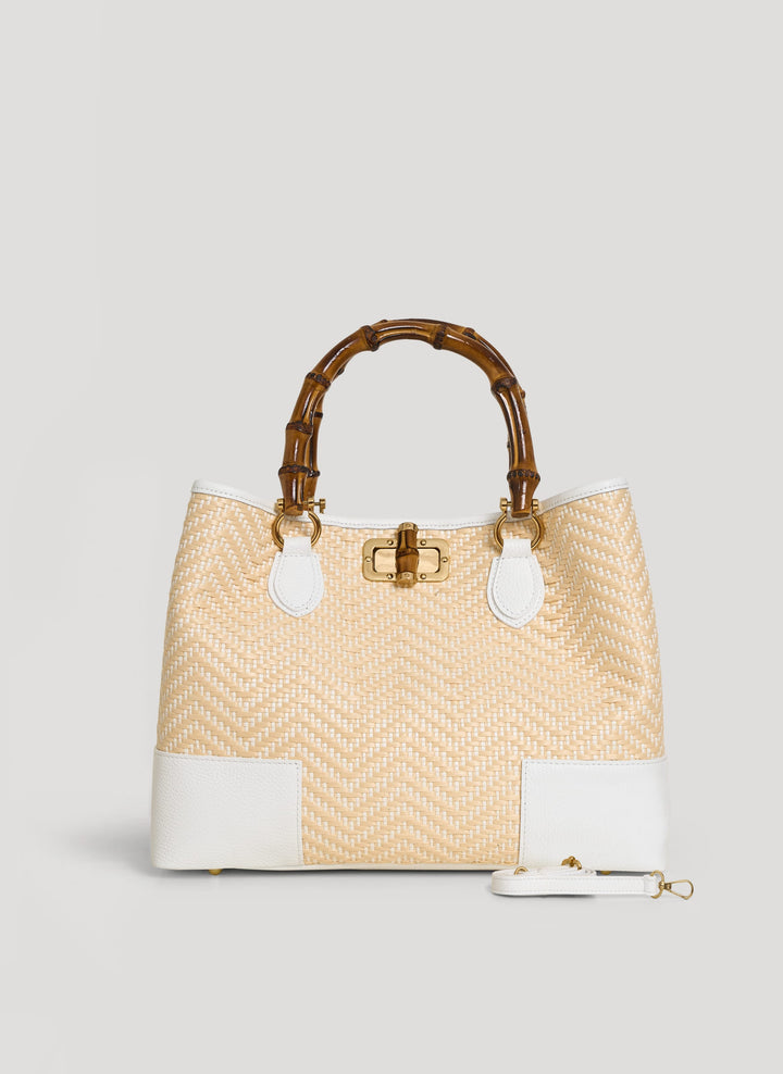 Sac Bamboo Babe en cuir et Raphia Chevron Édition Limitée Blanche