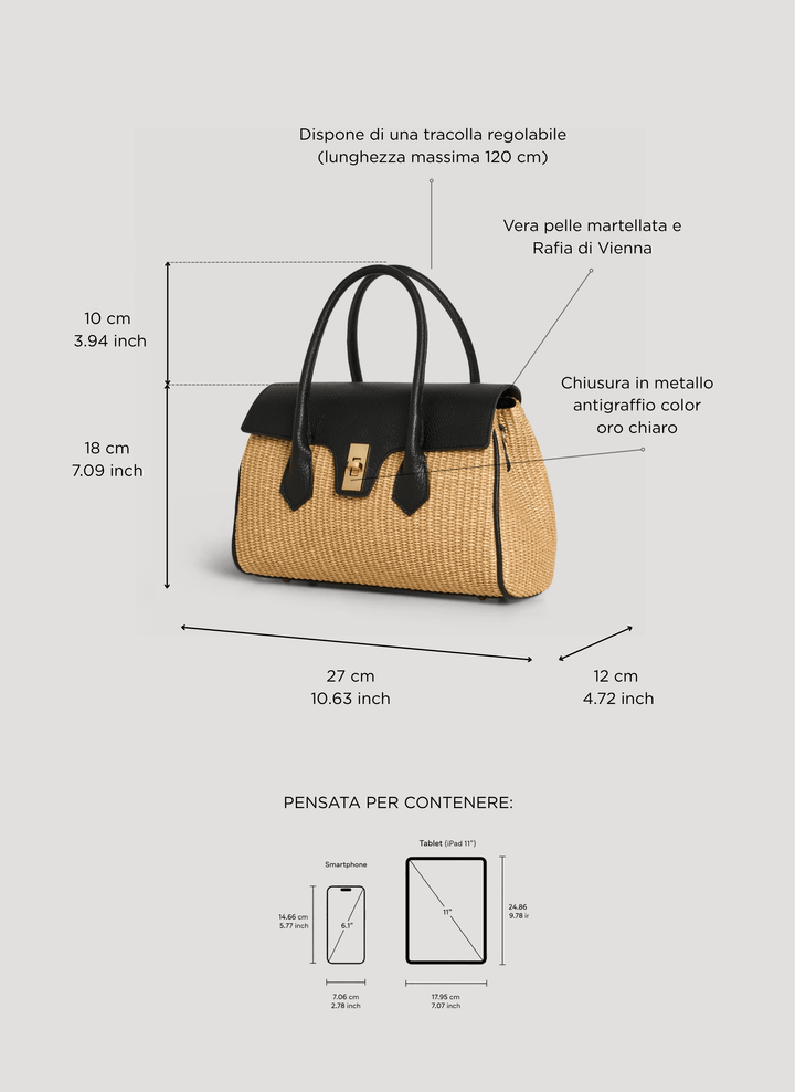 Sac Cécile en Cuir et Raphia Noir