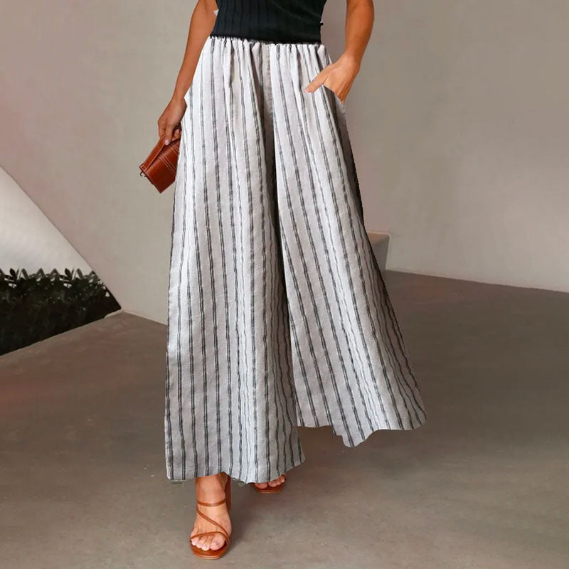【Coton Et Lin】Pantalon Large Rayé Décontracté