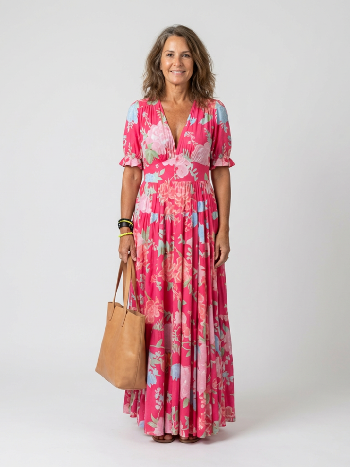 Ione | Robe midi à fleurs sans manches avec décolleté en V