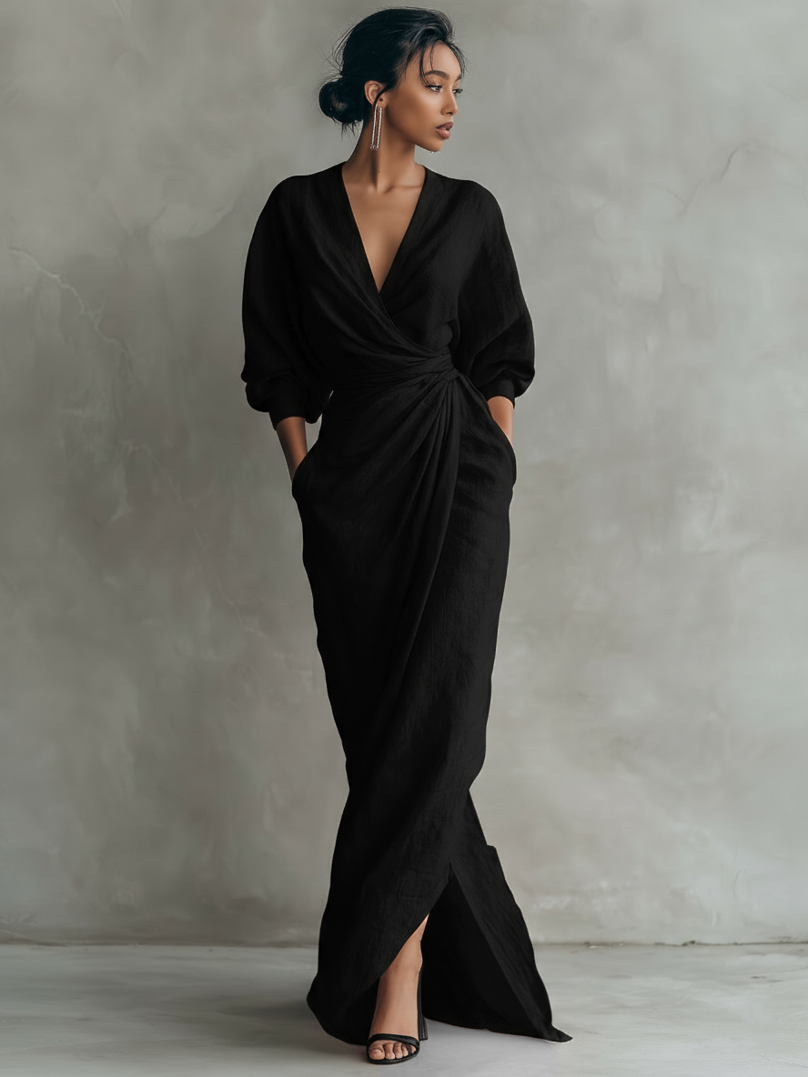ALEXANDRA | Robe Maxi en Lin Décolleté en V