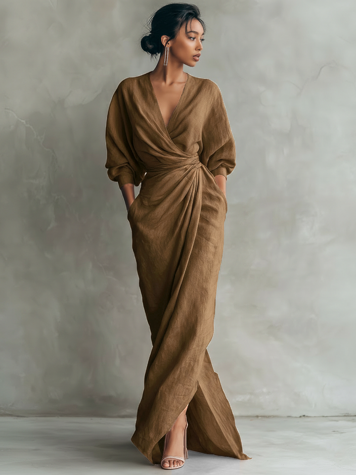 ALEXANDRA | Robe Maxi en Lin Décolleté en V