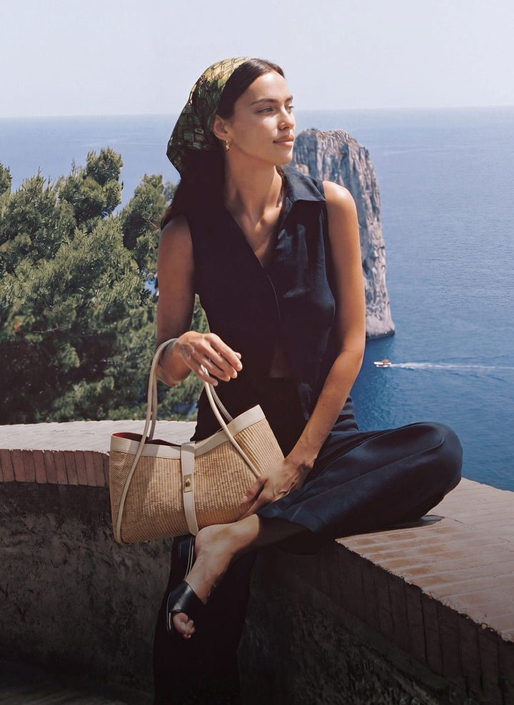 Sac Mayfair Media en cuir et Rafia Crème