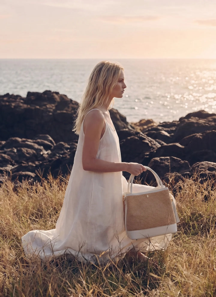 Sac Kendy en cuir et en raphia blanc