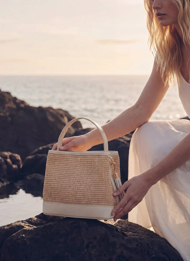 Sac Kendy en cuir et en raphia blanc