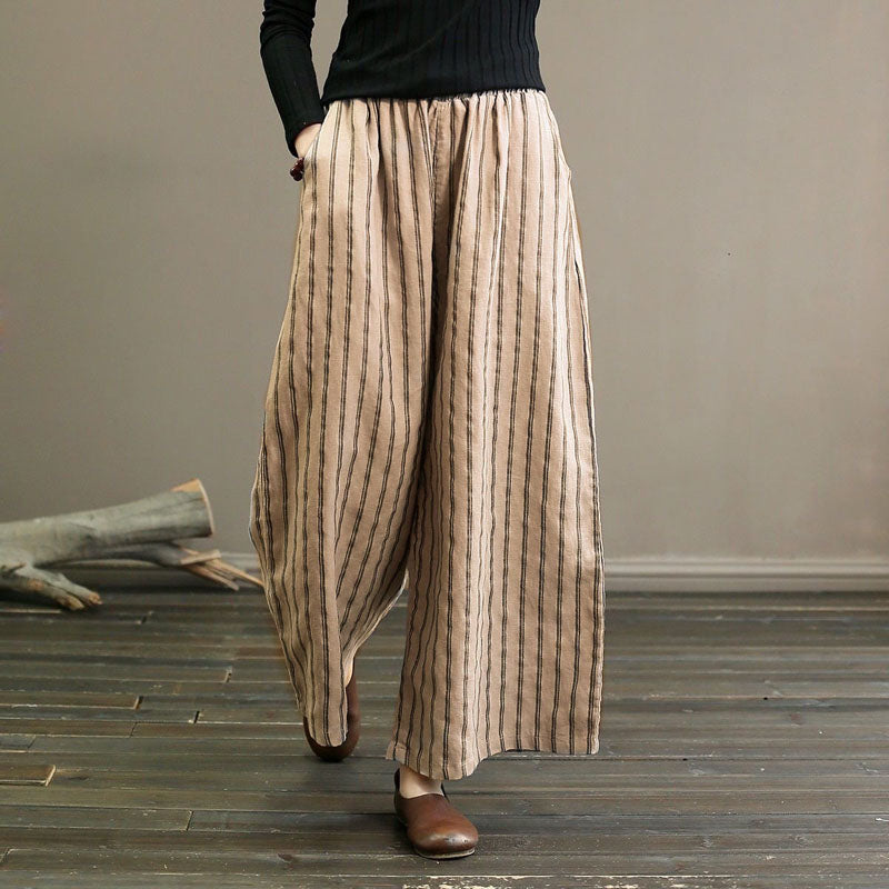 【Coton Et Lin】Pantalon Large Rayé Décontracté