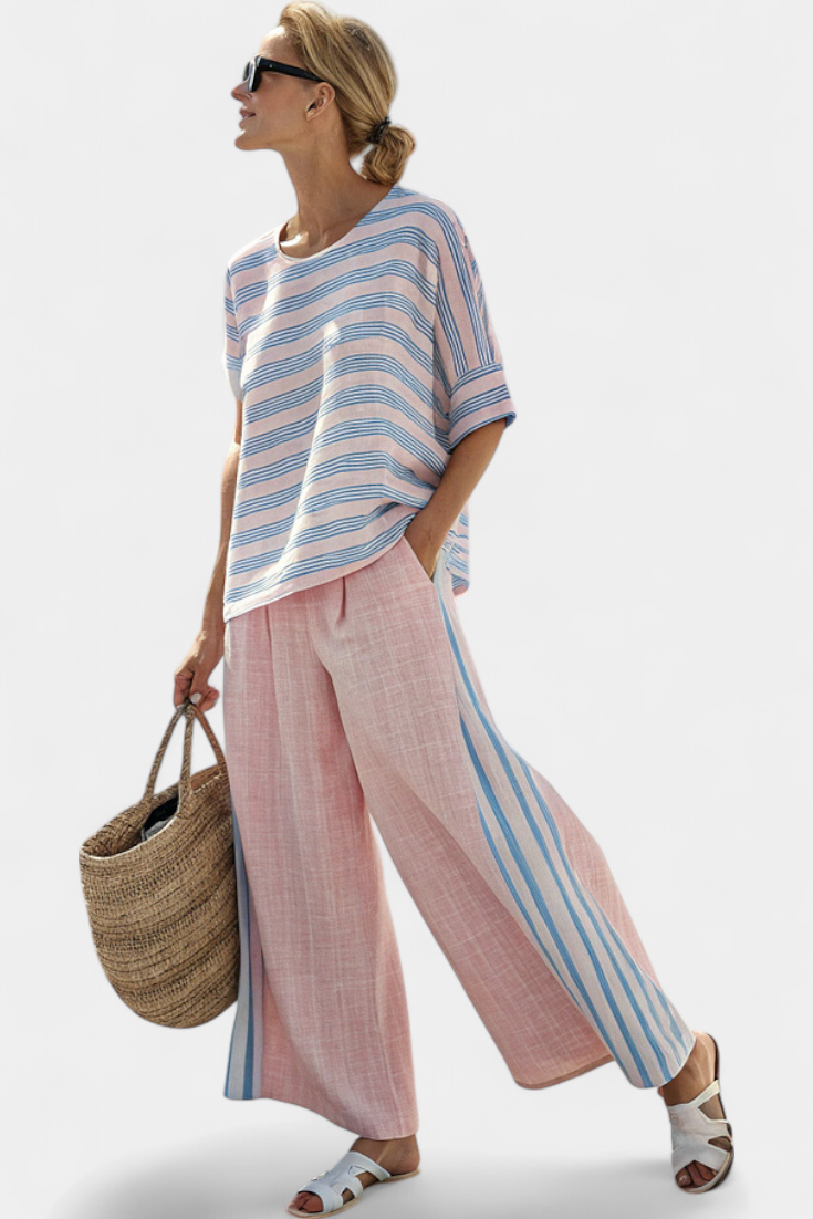 Virella | Blouse en Lin Élégante Rose-Bleu & Pantalon Doux