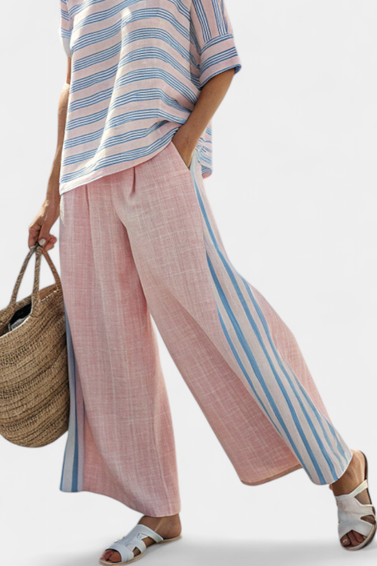 Virella | Blouse en Lin Élégante Rose-Bleu & Pantalon Doux