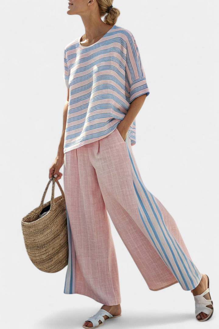 Virella | Blouse en Lin Élégante Rose-Bleu & Pantalon Doux