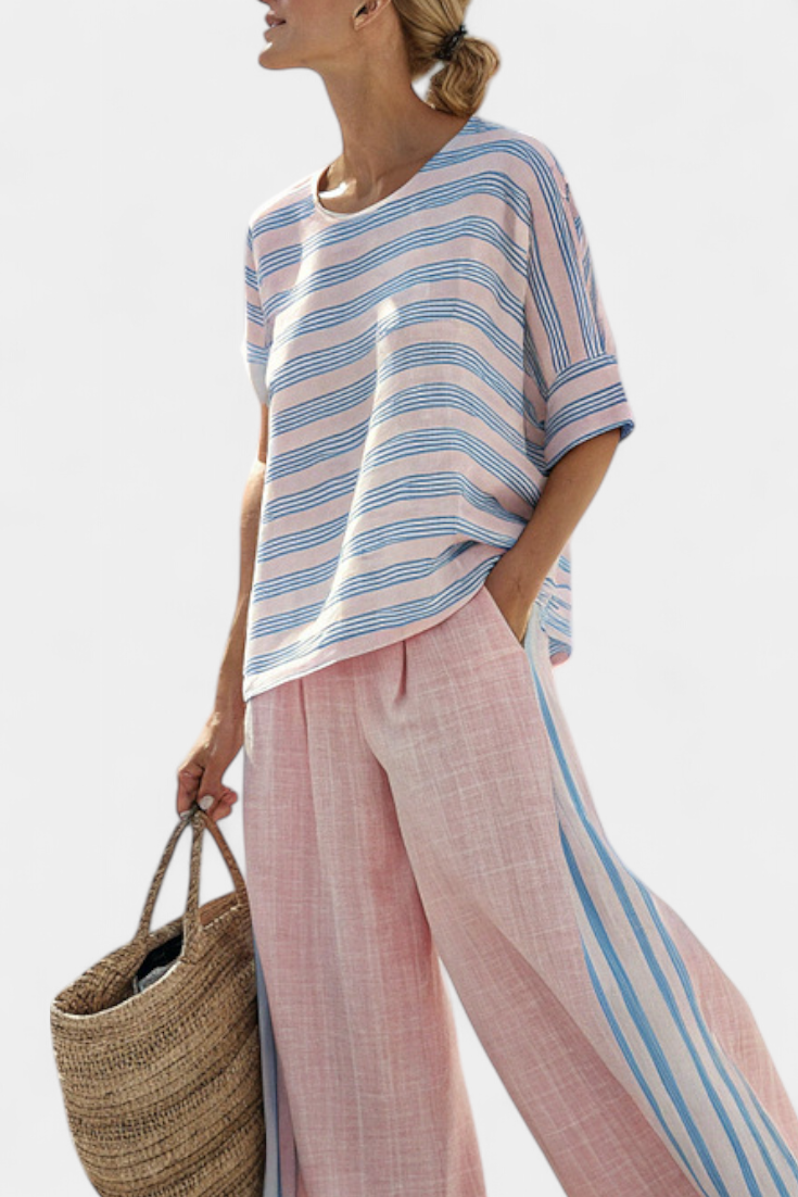 Virella | Blouse en Lin Élégante Rose-Bleu & Pantalon Doux