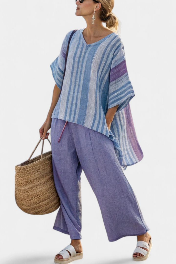 Zellora | Haut Élégant Lavande & Bleu Ciel & Pantalons en Lin