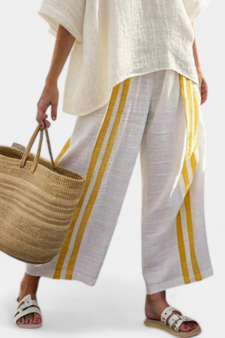 Anselor | Haut en Lin Rayé Jaune Élégant & Pantalon Large