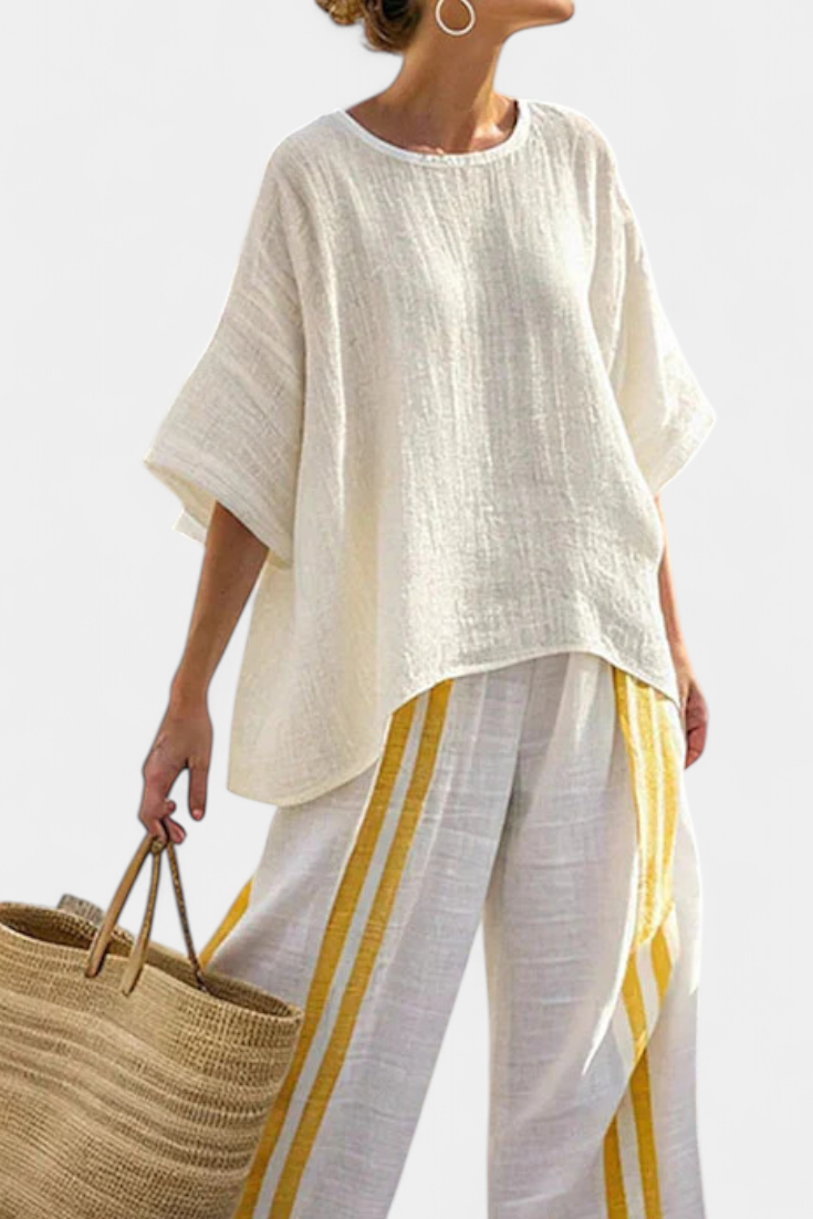 Anselor | Haut en Lin Rayé Jaune Élégant & Pantalon Large
