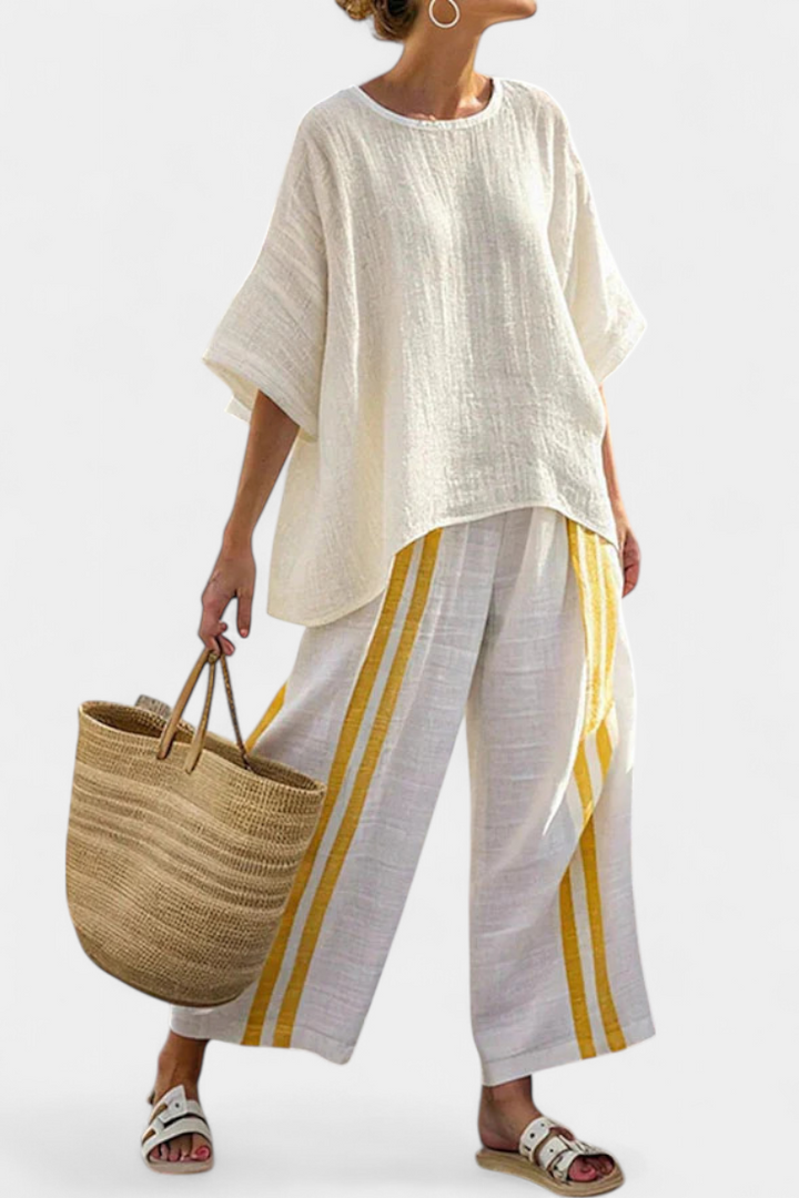 Anselor | Haut en Lin Rayé Jaune Élégant & Pantalon Large