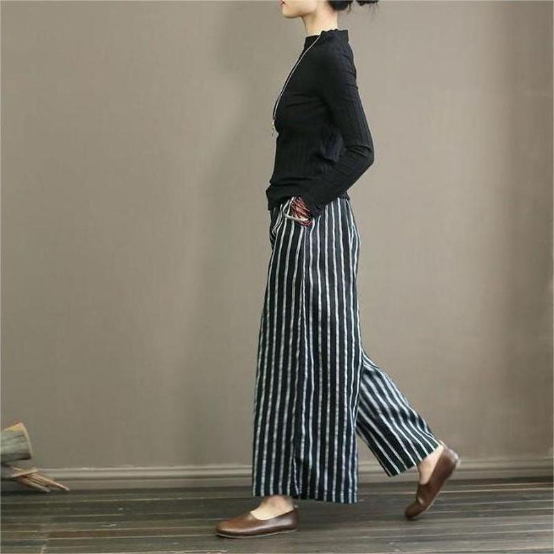 【Coton Et Lin】Pantalon Large Rayé Décontracté