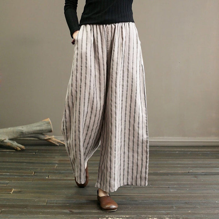 【Coton Et Lin】Pantalon Large Rayé Décontracté