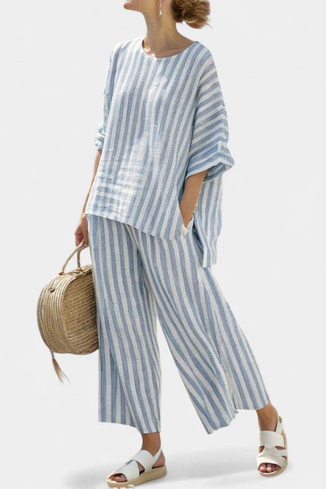 Rensleigh | Haut en lin à rayures bleues sophistiqué et pantalons décontractés