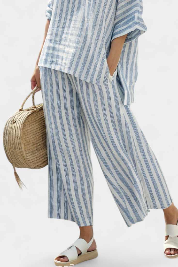 Rensleigh | Haut en lin à rayures bleues sophistiqué et pantalons décontractés