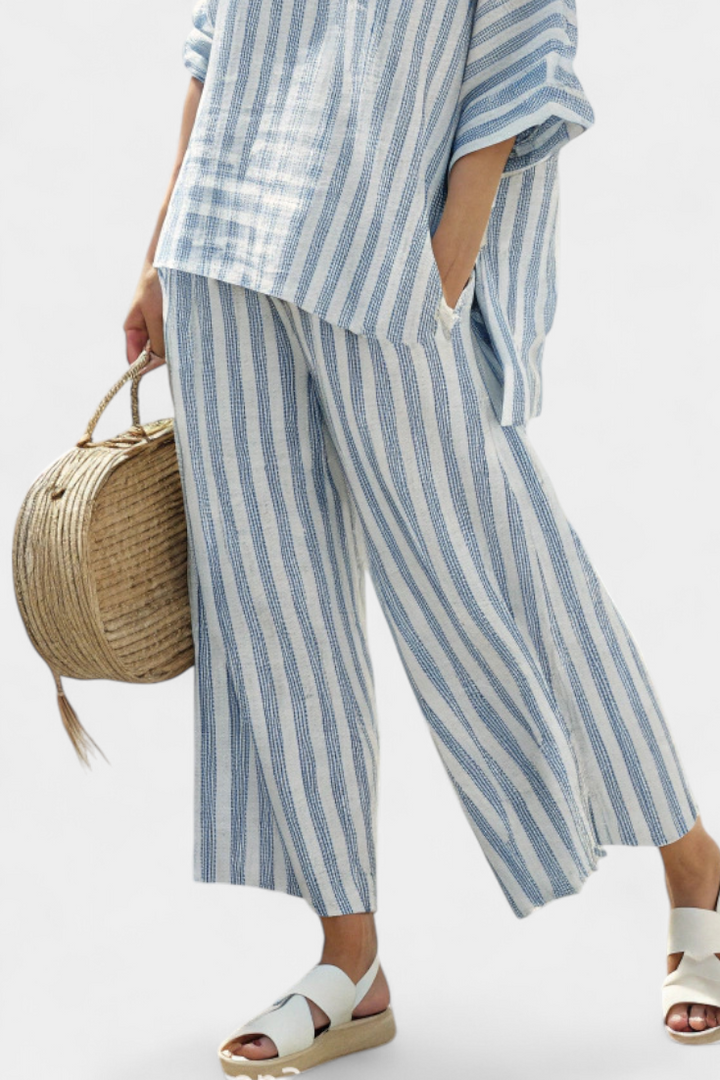 Rensleigh | Haut en lin à rayures bleues sophistiqué et pantalons décontractés