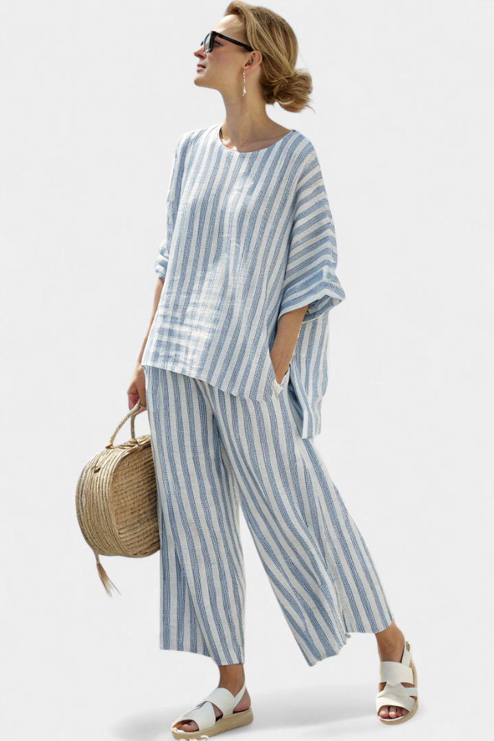 Rensleigh | Haut en lin à rayures bleues sophistiqué et pantalons décontractés