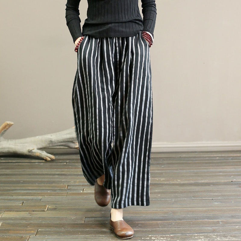 【Coton Et Lin】Pantalon Large Rayé Décontracté