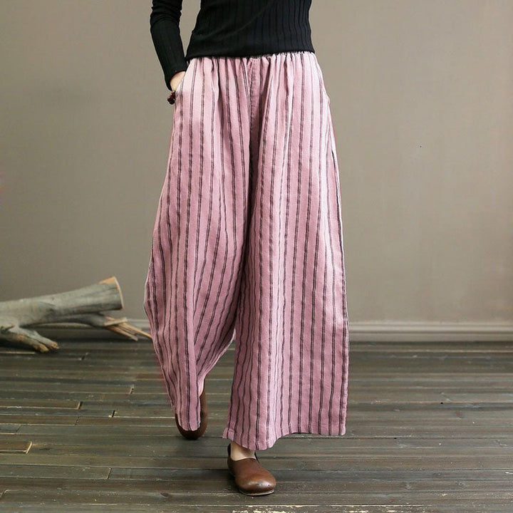 【Coton Et Lin】Pantalon Large Rayé Décontracté