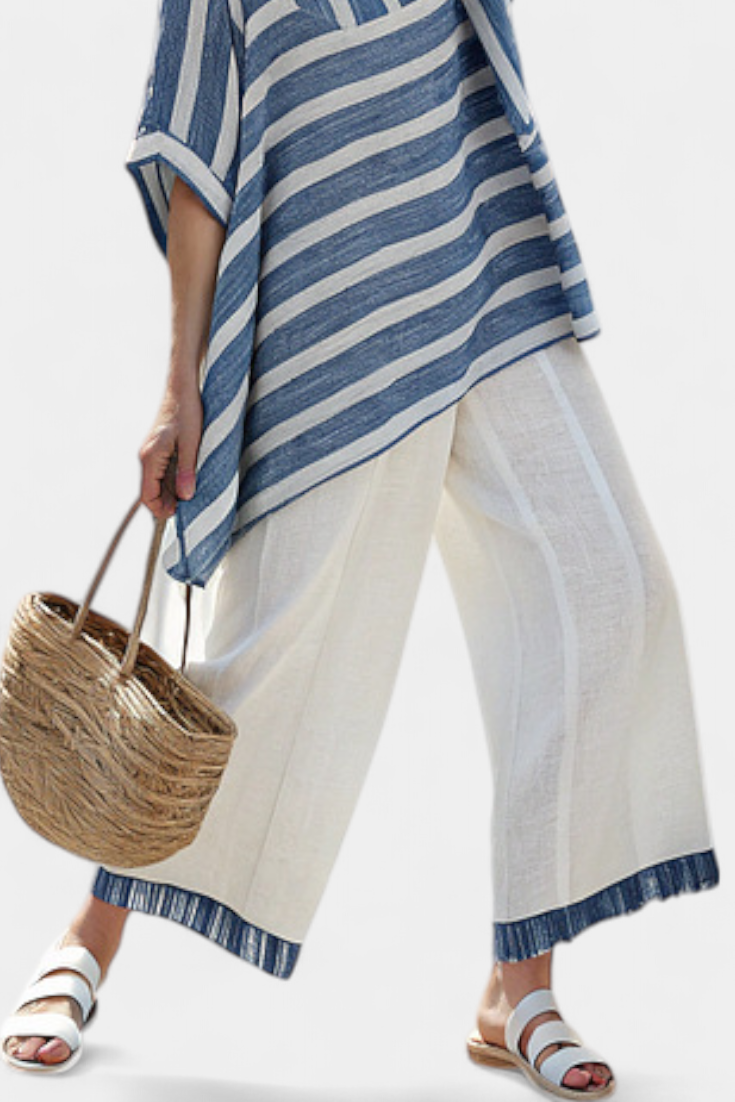 Corvielle | Haut à Rayures Bleues Sophistiqué & Pantalon avec Détails au Bas