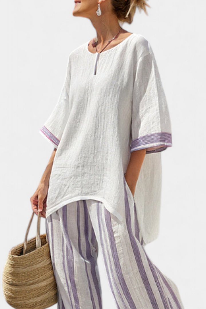 Luxmere | Blouse Détendue Confortable & Pantalons en Bambou Rayés