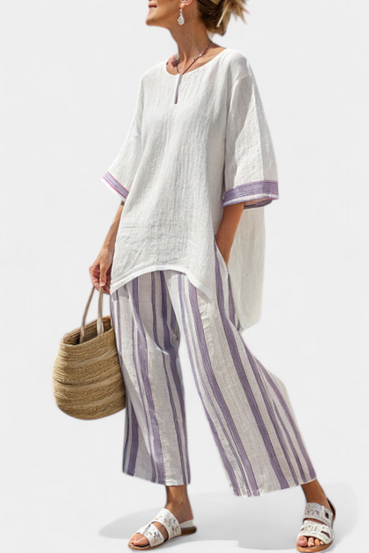 Luxmere | Blouse Détendue Confortable & Pantalons en Bambou Rayés