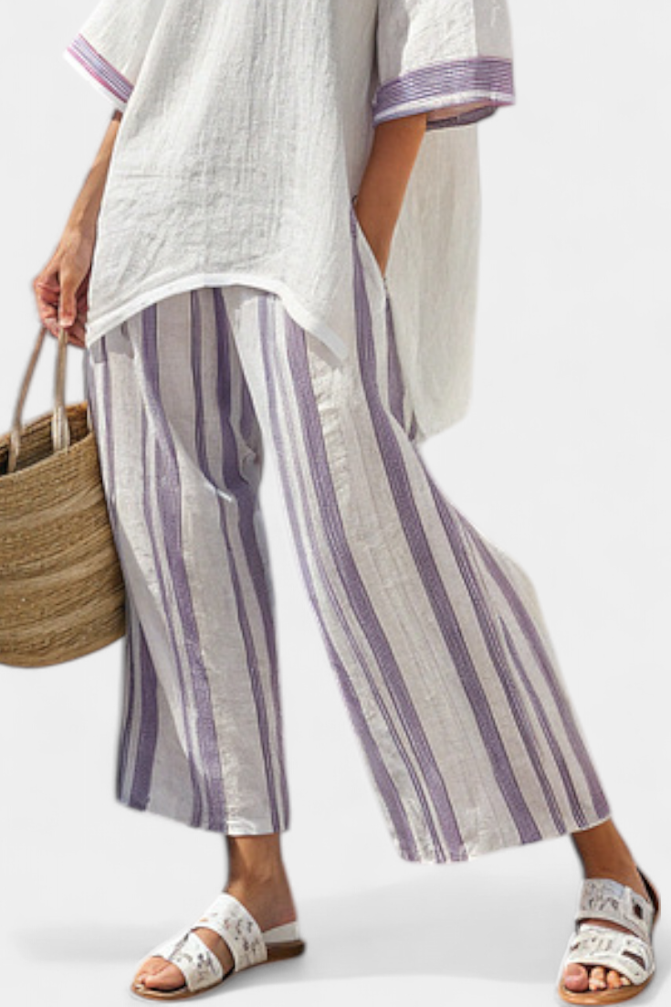 Luxmere | Blouse Détendue Confortable & Pantalons en Bambou Rayés