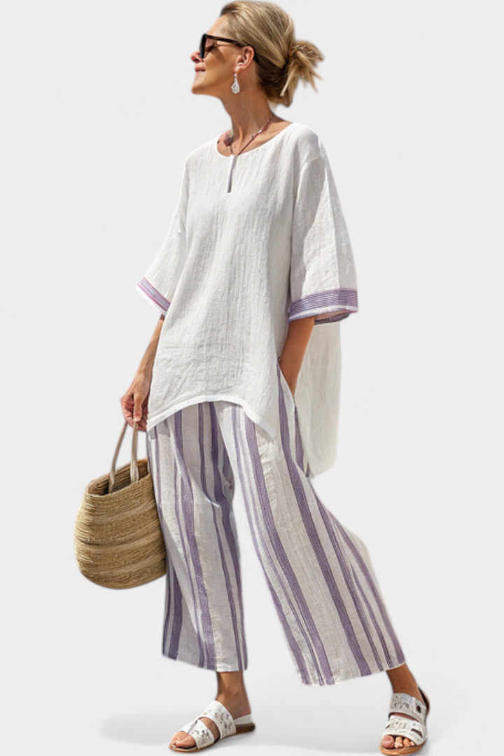 Luxmere | Blouse Détendue Confortable & Pantalons en Bambou Rayés